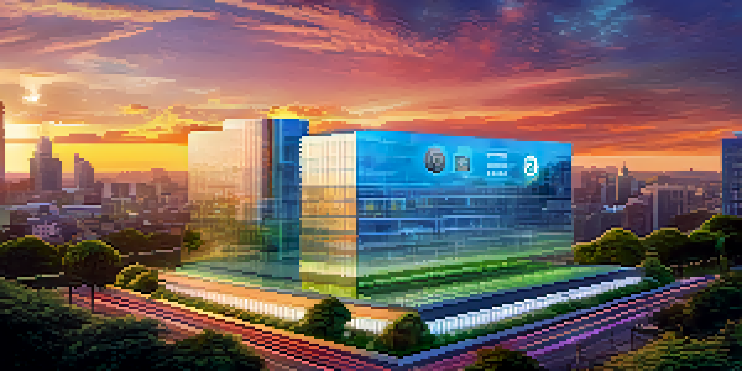 A modern central bank building with glowing digital currency symbols in the foreground, set against a colorful sunset.