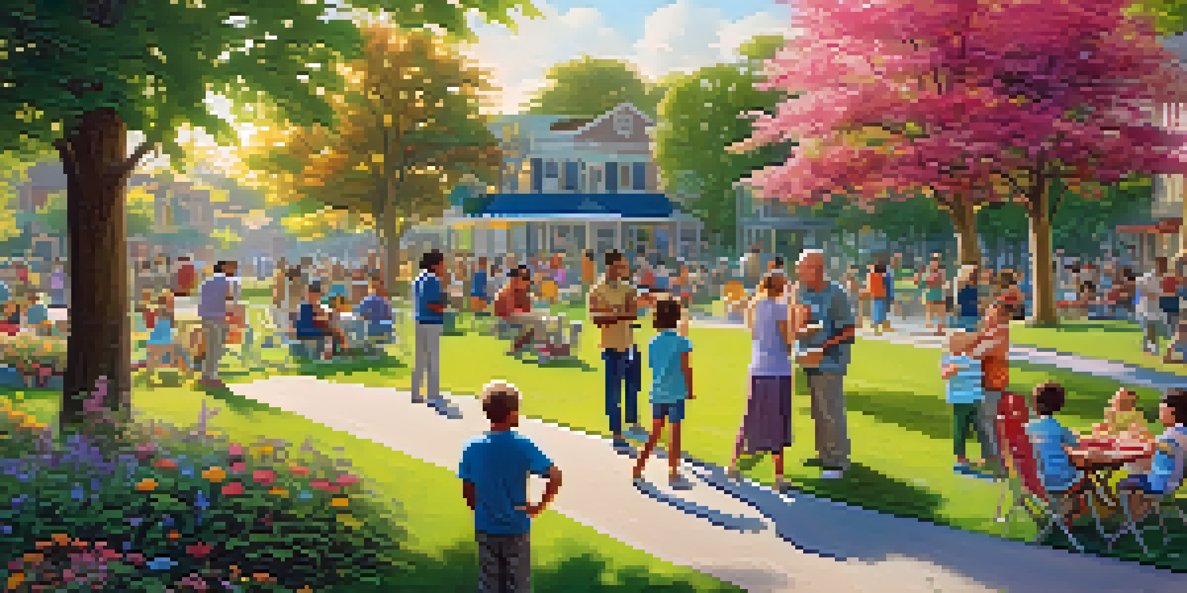 A diverse group of people enjoying a community gathering in a park, surrounded by greenery and colorful flowers.
