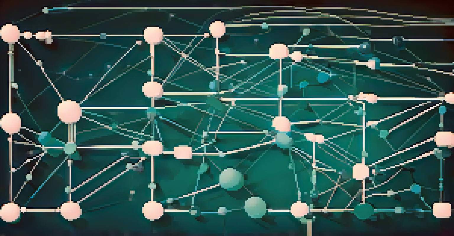 An artistic illustration of a supply chain network with interconnected nodes and arrows on a blue-green gradient background.
