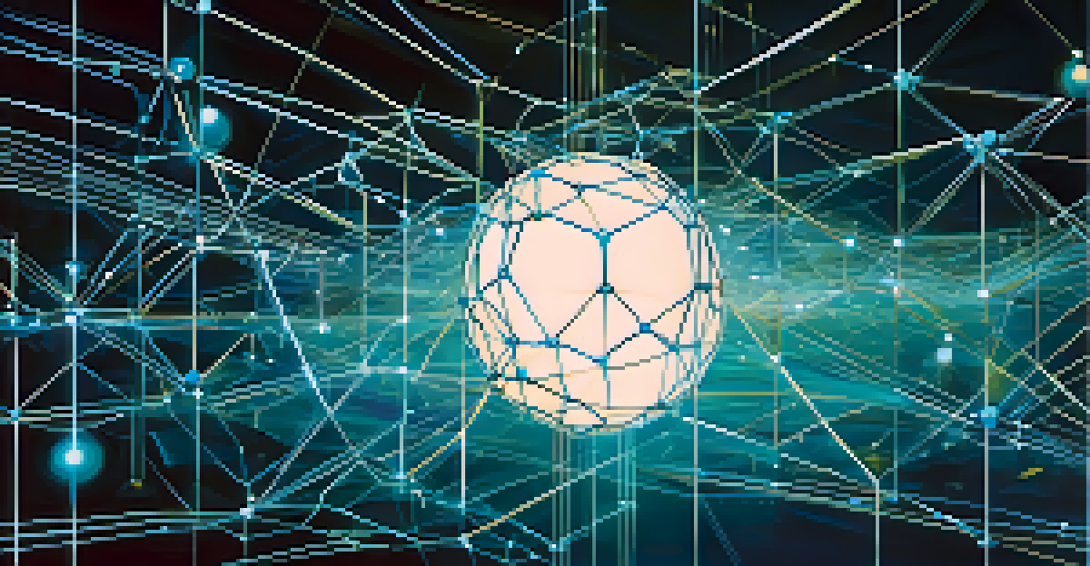 An abstract illustration of blockchain technology with glowing nodes and lines in a deep blue background, symbolizing secure IoT communications.