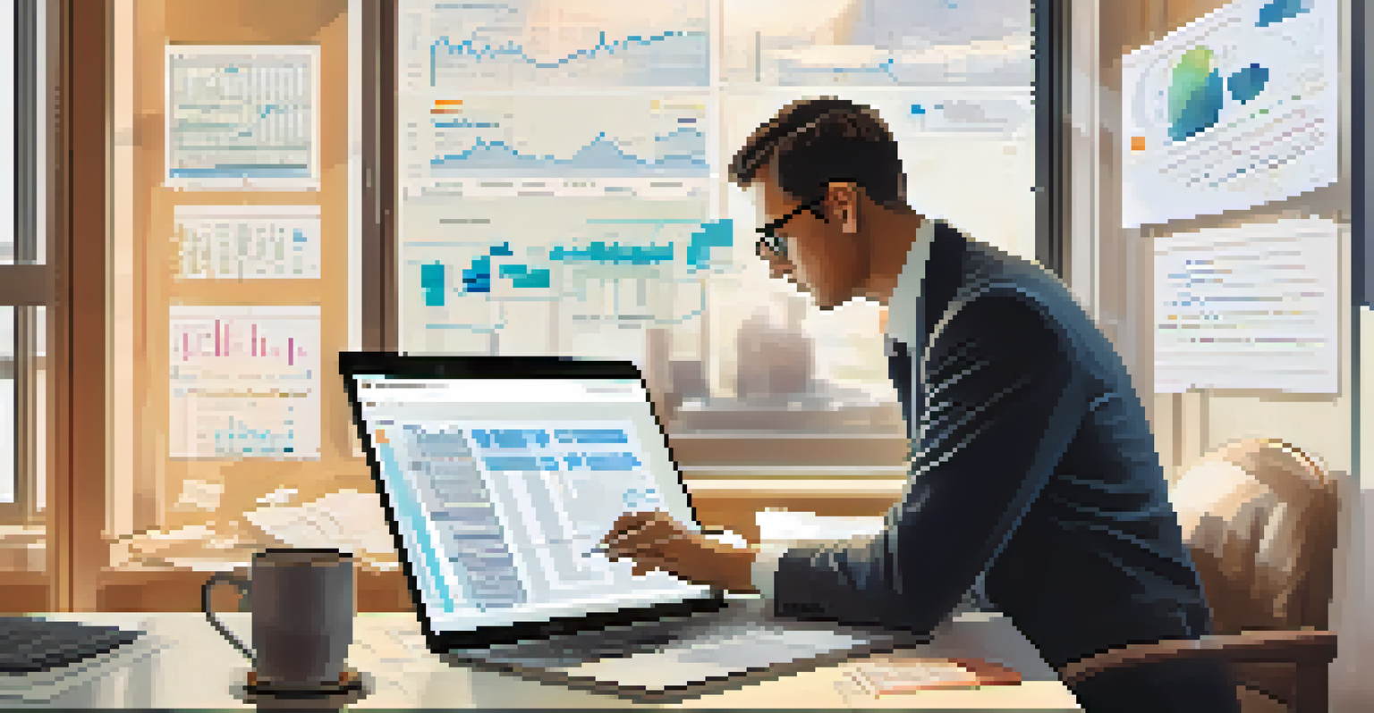 An auditor examining a smart contract on a laptop with notes and coffee in a well-lit room decorated with charts and graphs.