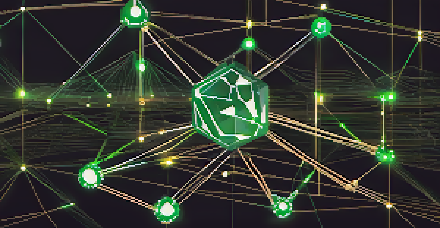 An abstract image showing interconnected nodes of blockchain technology with social tokens and legal symbols on a digital scale.