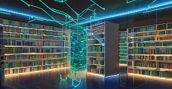 A digital library with books distributed across glowing nodes connected by lines, representing decentralized data storage.