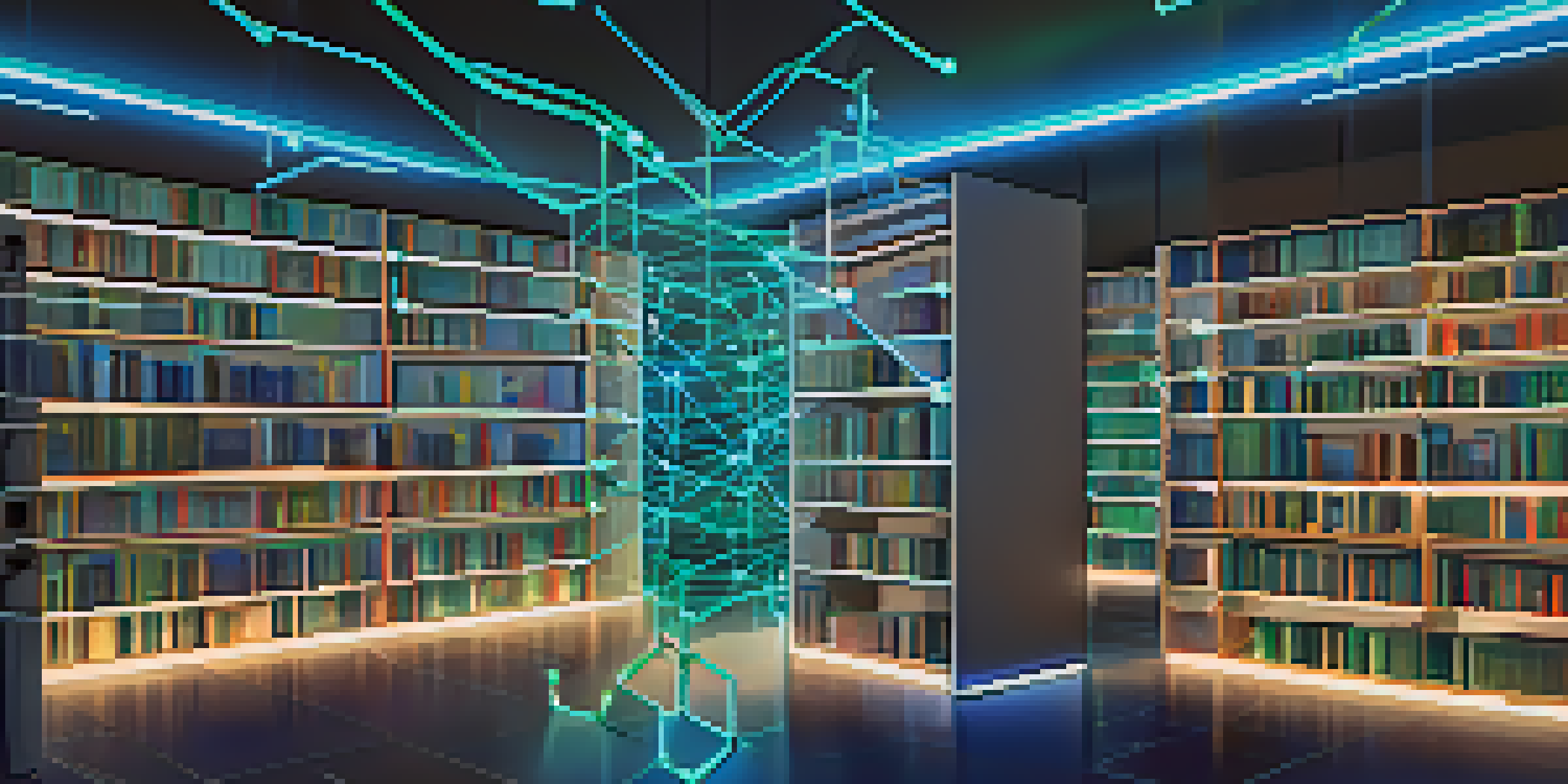 A digital library with books distributed across glowing nodes connected by lines, representing decentralized data storage.