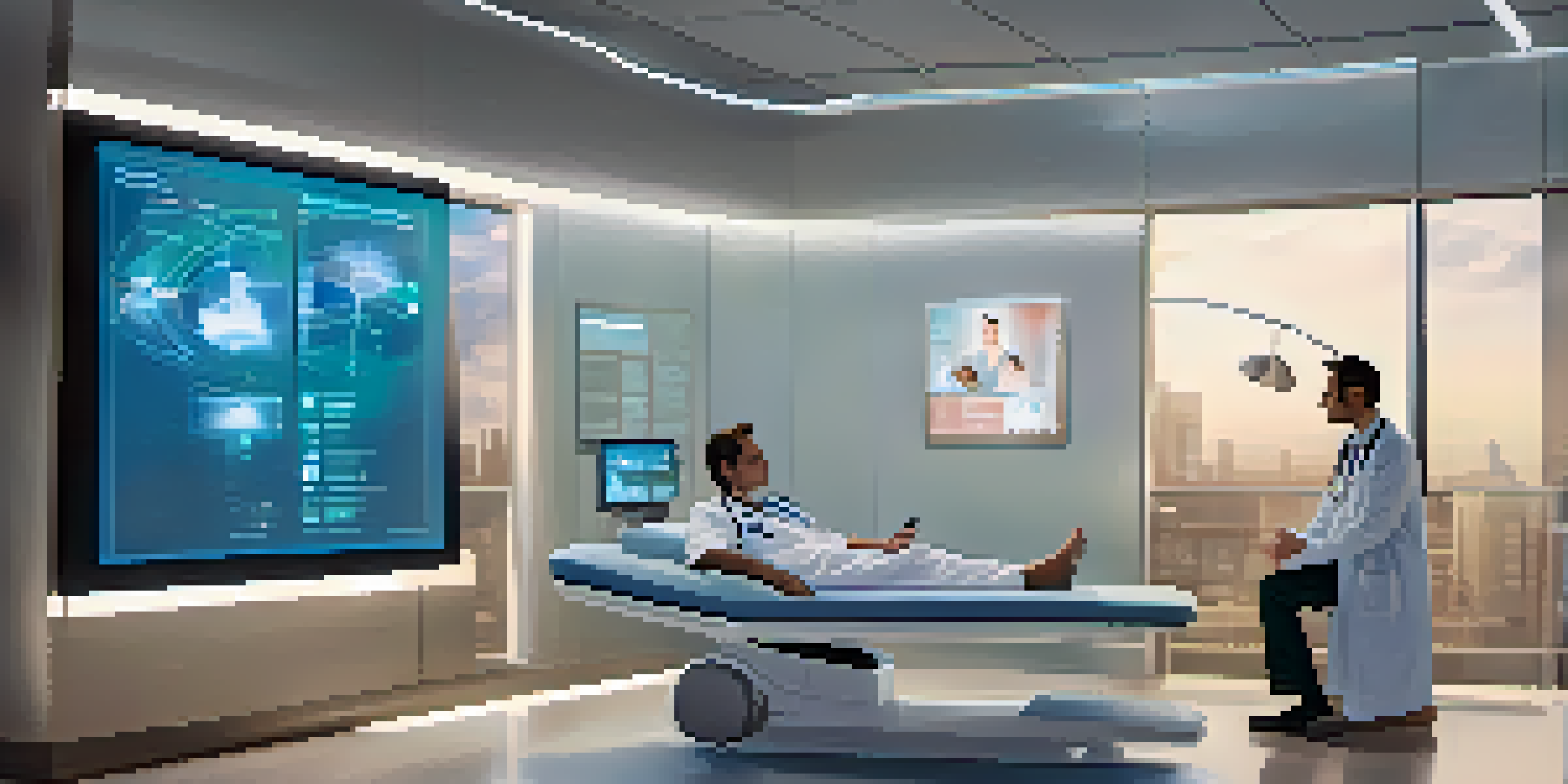 A doctor and patient having a telemedicine consultation in a modern room with advanced technology and ambient lighting.