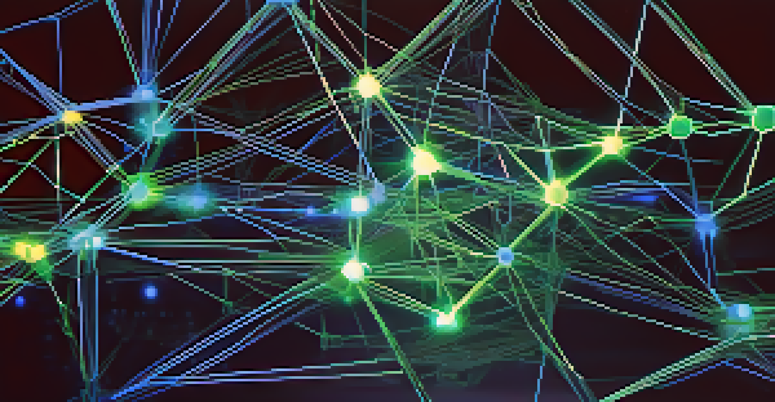 A close-up of a blockchain network with glowing nodes and lines in blue and green against a dark background.