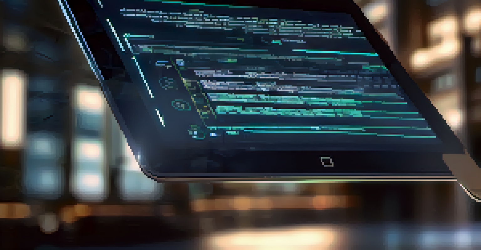 A close-up of a digital tablet showing a smart contract interface against a blurred bank background.
