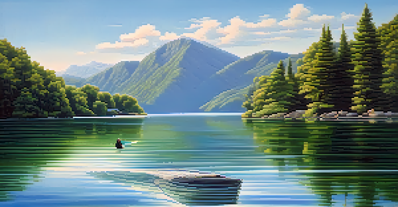 A tranquil lake with a boat, surrounded by mountains and greenery under a clear blue sky.