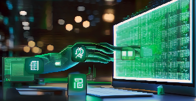 A close-up view of a computer screen showing a blockchain ledger with smart contracts, and a hand reaching towards it.