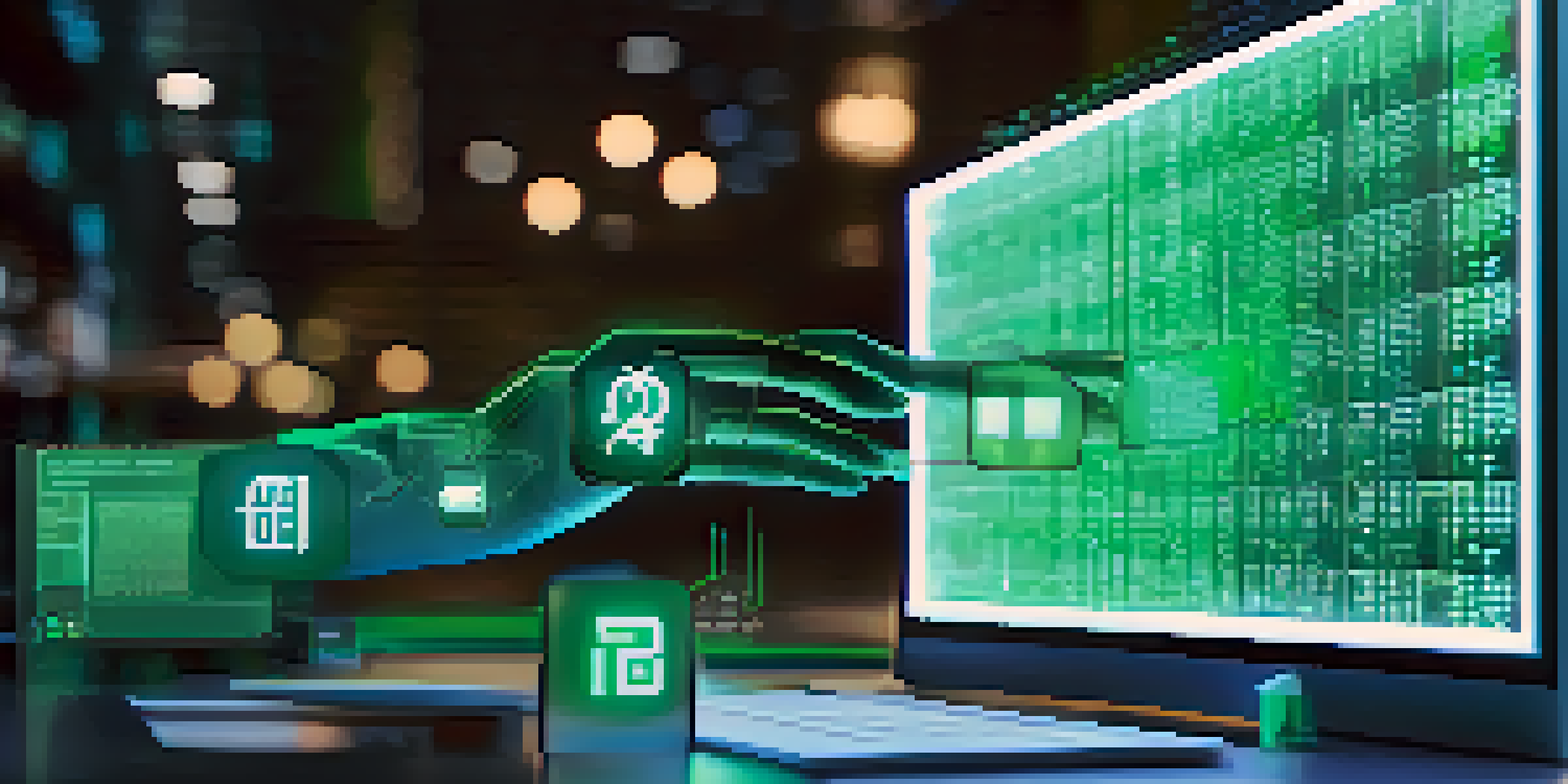 A close-up view of a computer screen showing a blockchain ledger with smart contracts, and a hand reaching towards it.