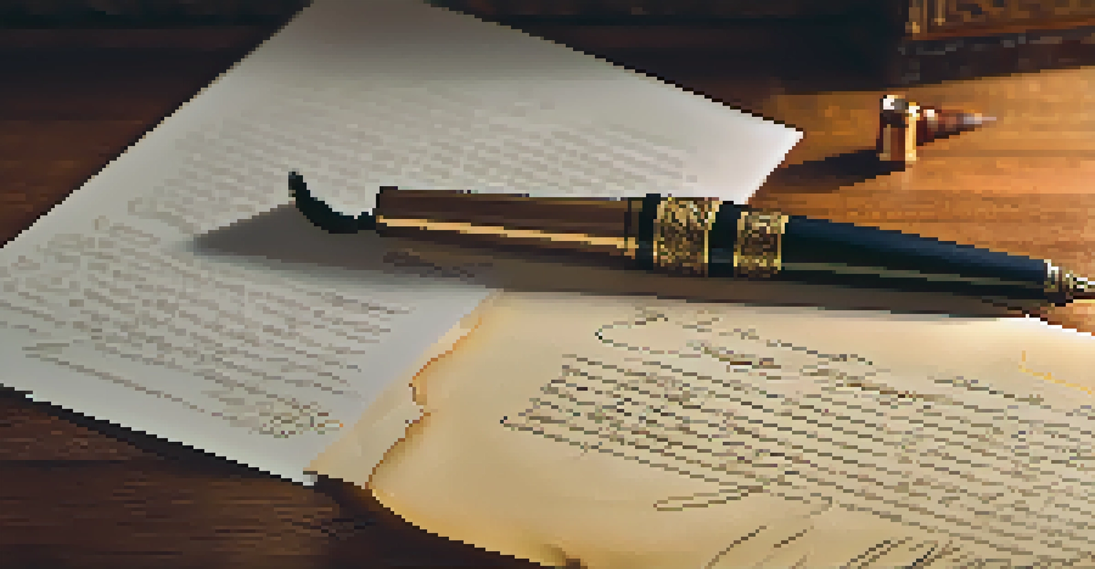 A close-up of a traditional contract document with a quill and ink bottle on a wooden desk, illuminated by soft afternoon sunlight.