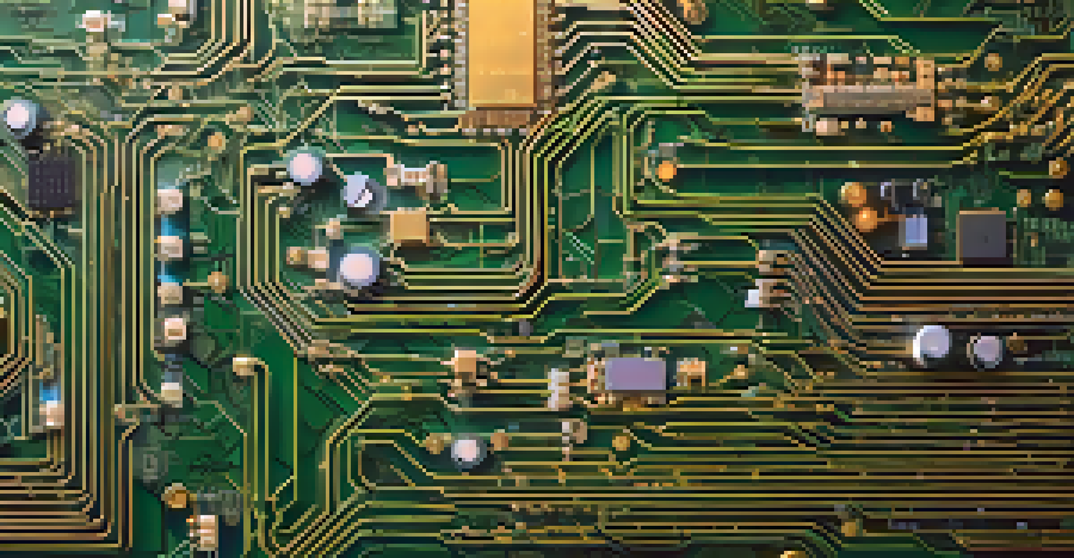 A circuit board intertwined with leaves and flowers, showcasing technology and nature.