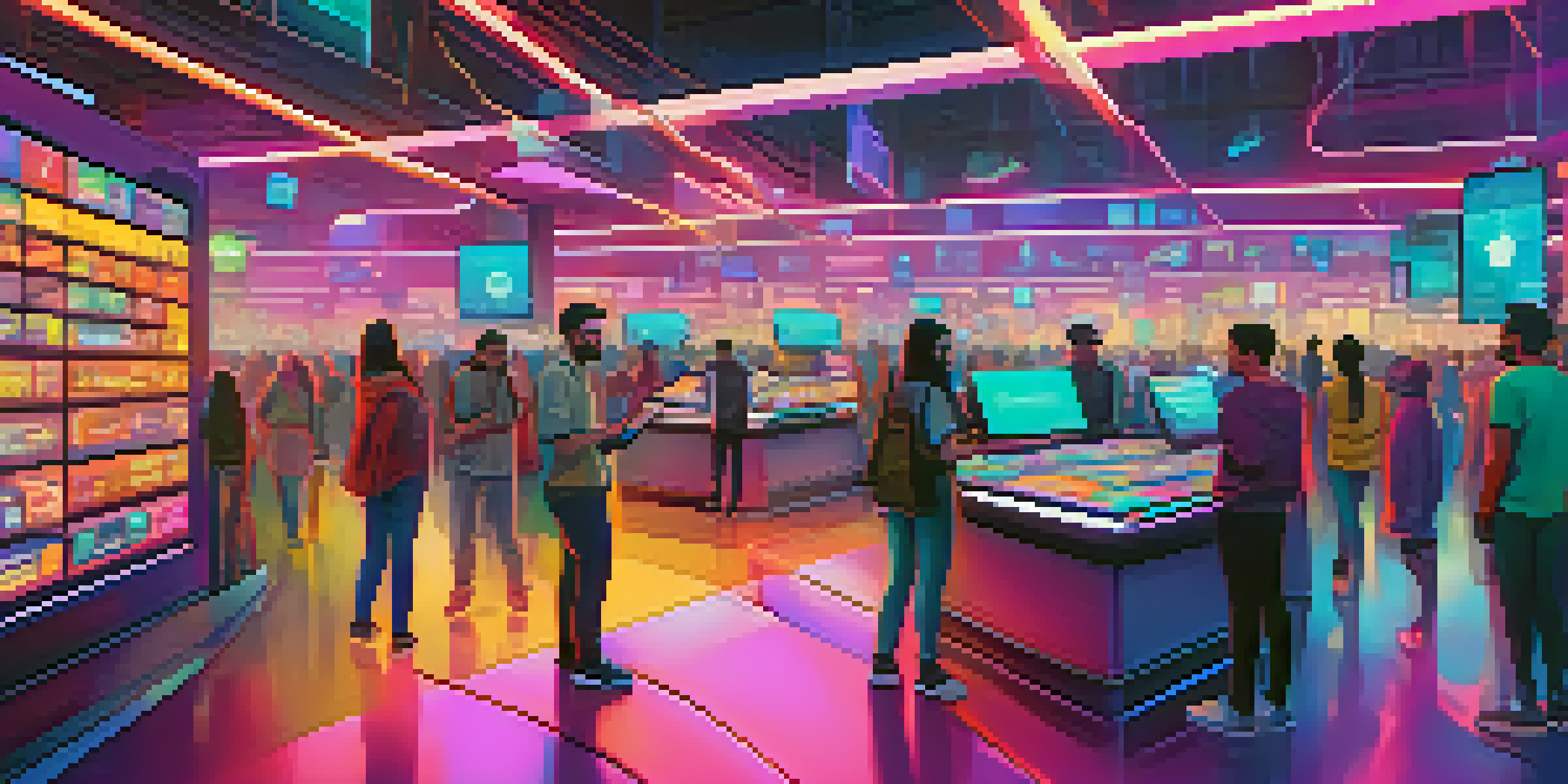 A vibrant digital marketplace with users engaging with their devices in a futuristic setting, highlighting the theme of decentralized applications and community interaction.