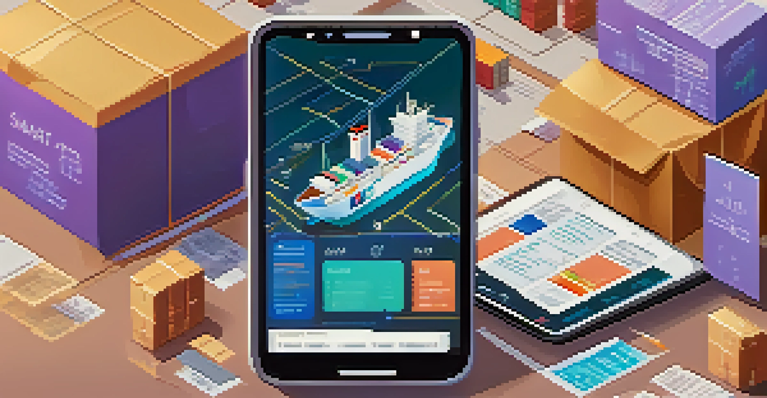 A smart contract on a digital device with shipping boxes and a globe, emphasizing logistics.