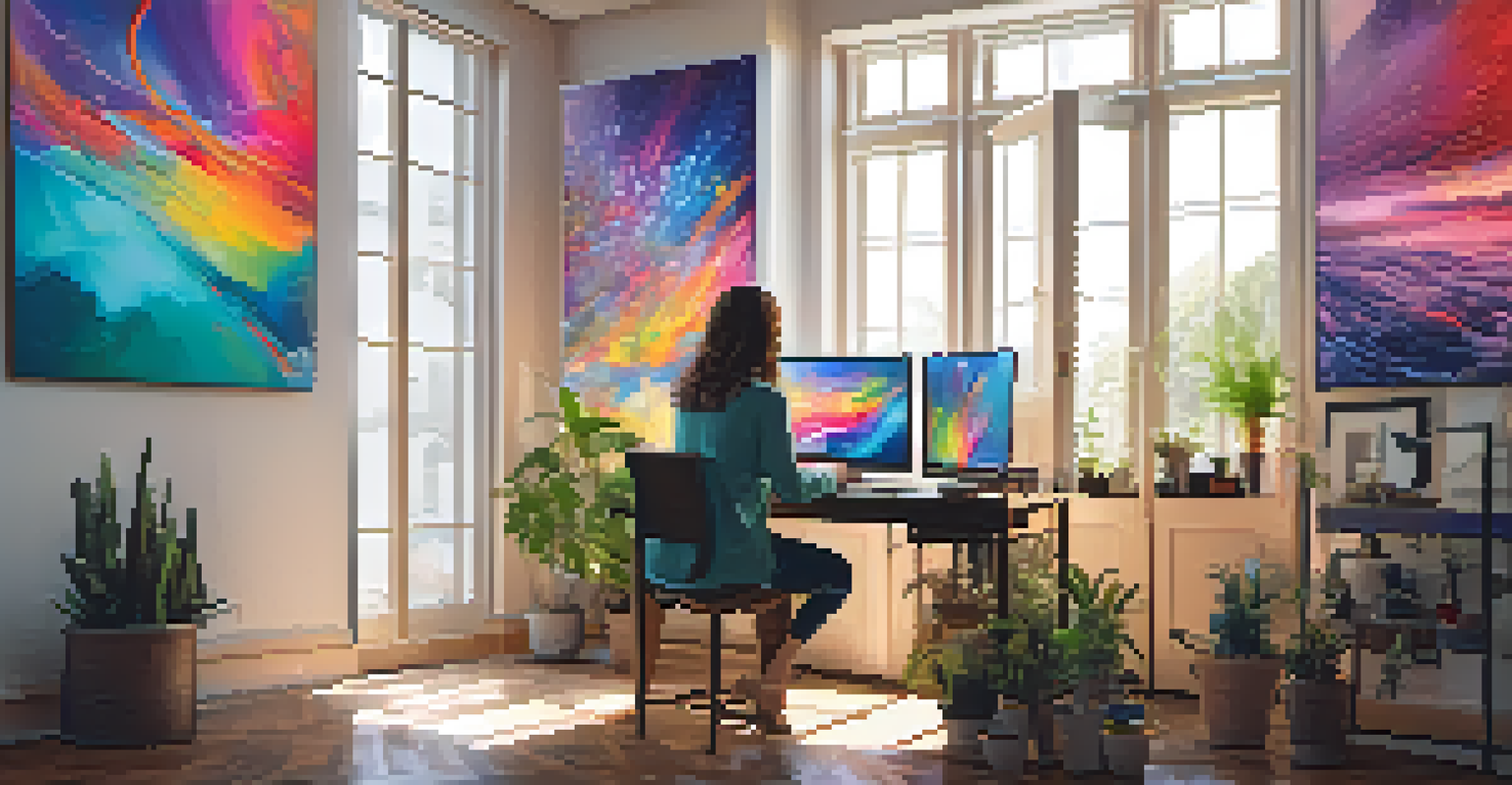 An artist in a colorful studio creating an NFT, surrounded by vibrant digital artworks and natural light.