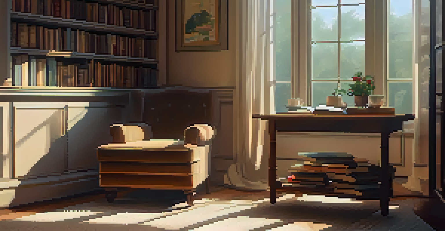 A comfortable reading nook with an armchair, a cup of tea, and books, illuminated by warm sunlight through the window.