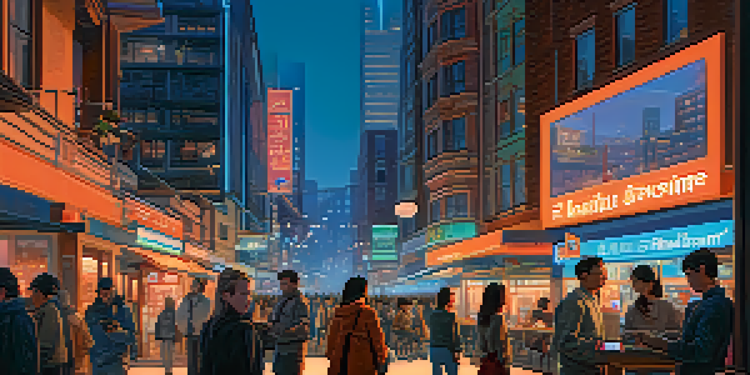 A city skyline at twilight with diverse people using technology, bright neon lights, and a colorful sky.
