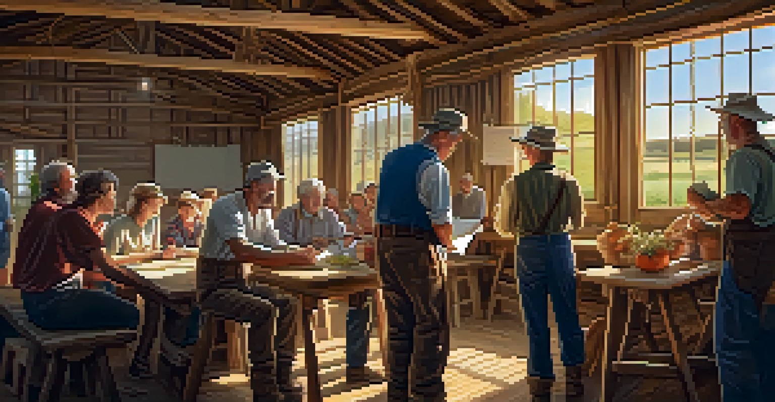 Farmers in a barn discussing agricultural insurance solutions, with charts and a warm atmosphere.