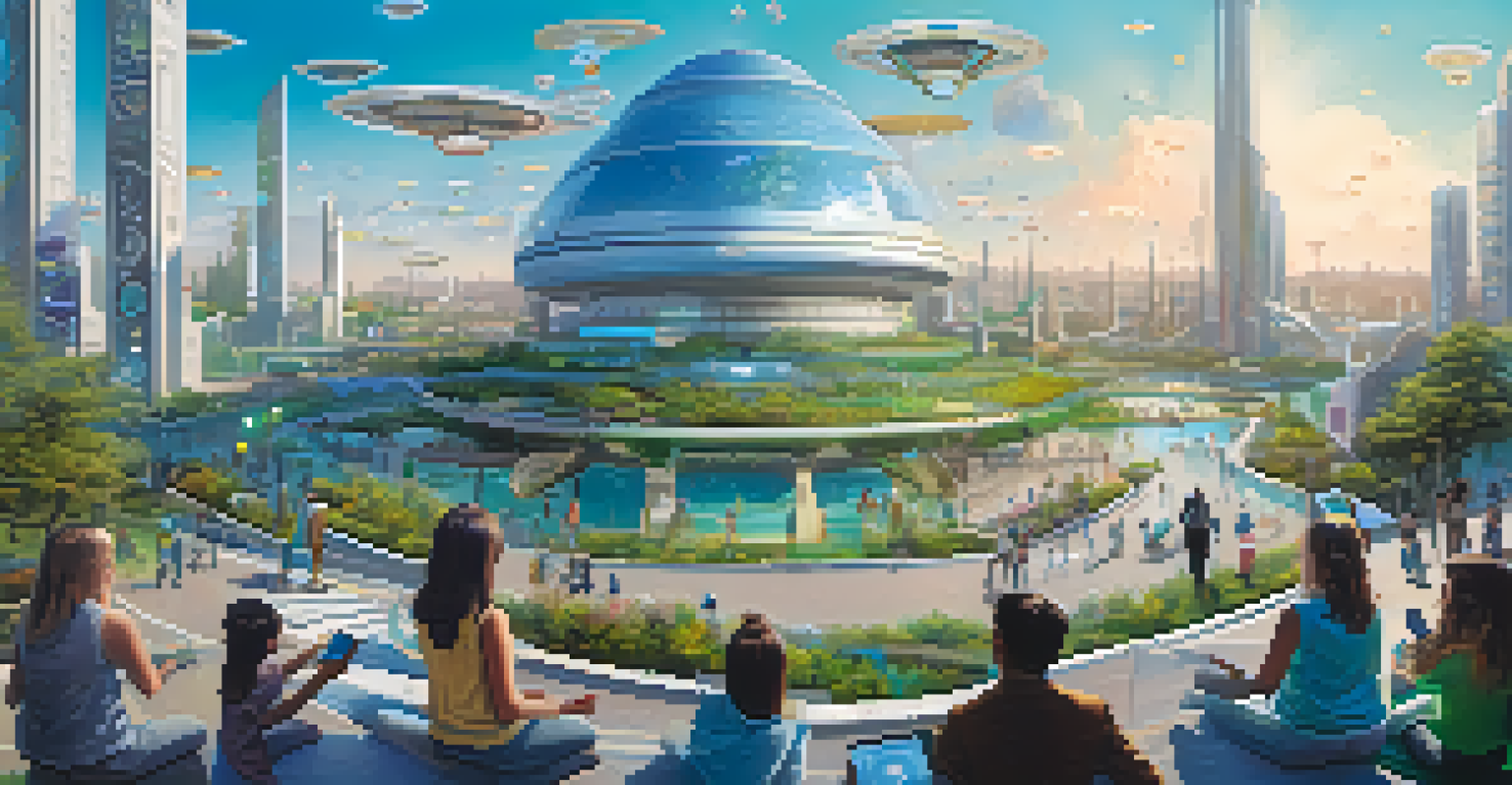 A futuristic city with people interacting and glowing identifiers above their heads, representing their identities in a vibrant setting.