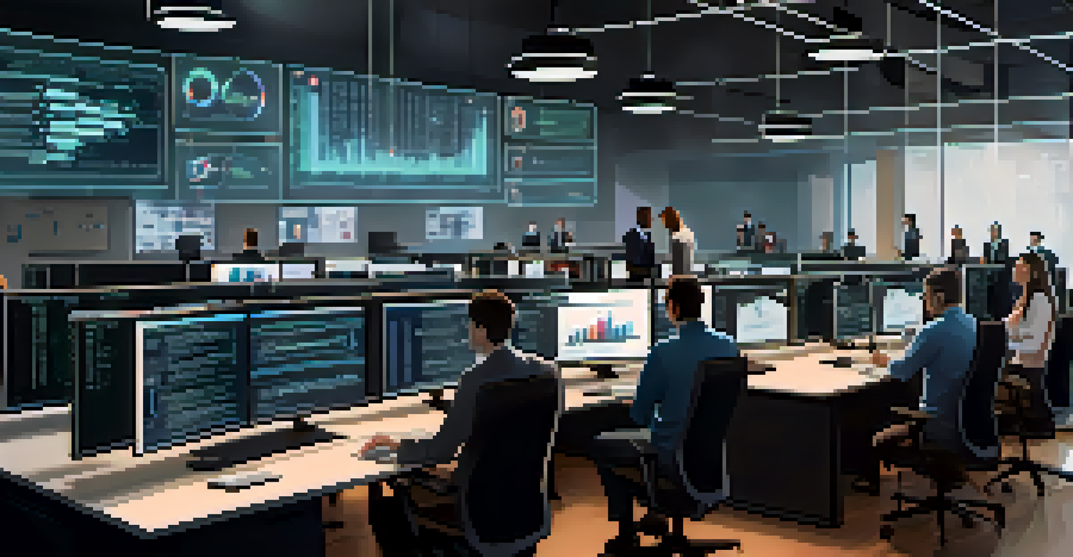 A diverse team of professionals conducting a smart contract audit in an office, surrounded by screens with code and security alerts.