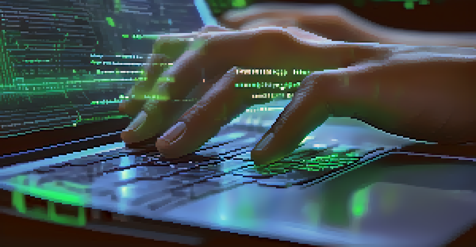 Close-up of hands on a laptop keyboard with a holographic display of data and smart contracts.