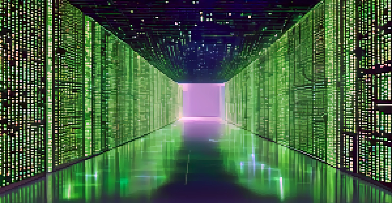 A 3D visualization of interconnected blocks representing blockchain technology, illuminated in blue and green lights.