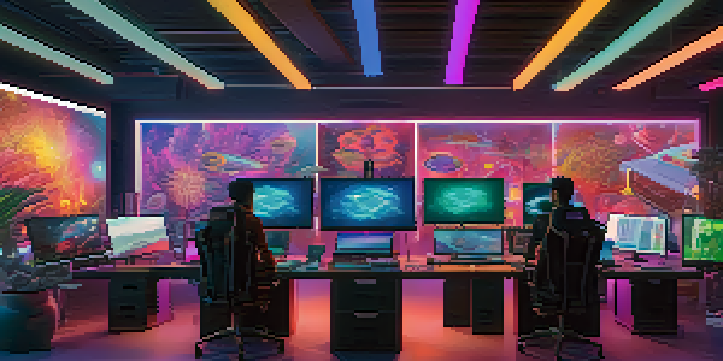 An art studio with artists at their computers, colorful digital displays of NFTs, and soft ambient lighting.