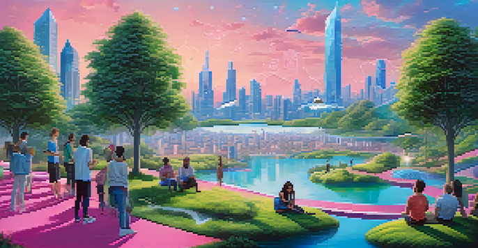 A picturesque landscape depicting a futuristic city skyline with blockchain designs, featuring diverse people using digital devices among greenery and water, under a colorful sky.