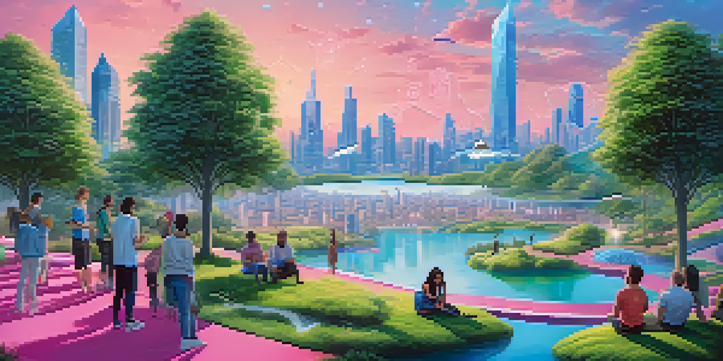 A picturesque landscape depicting a futuristic city skyline with blockchain designs, featuring diverse people using digital devices among greenery and water, under a colorful sky.