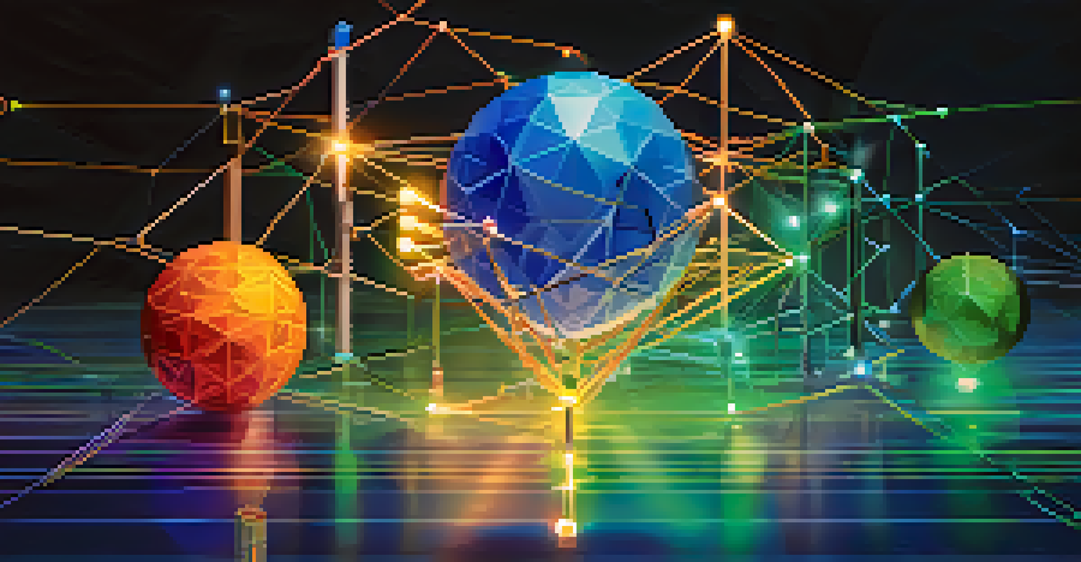 An abstract image showing interconnected nodes and a glowing Beacon Chain, symbolizing the Ethereum 2.0 upgrade with a background of blues and greens.