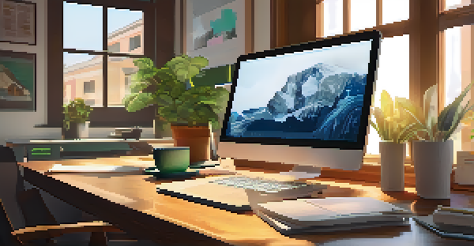 A developer's desk with a laptop showing code, sticky notes, a potted plant, and a cup of coffee in a well-lit workspace.