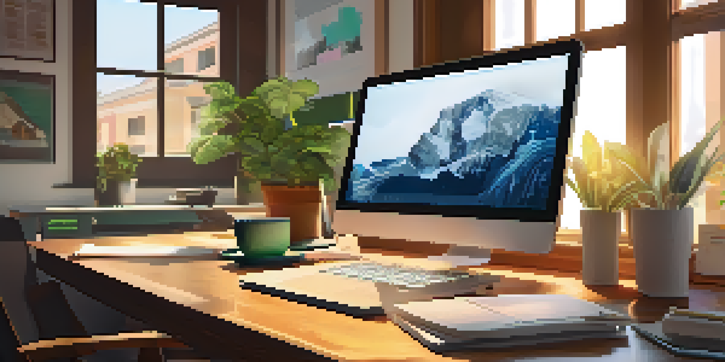 A developer's desk with a laptop showing code, sticky notes, a potted plant, and a cup of coffee in a well-lit workspace.