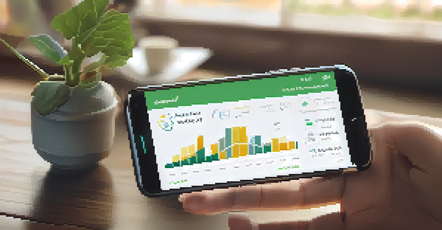 A close-up of a hand holding a smartphone showing a real estate investment app, set in a warm and inviting home office environment.