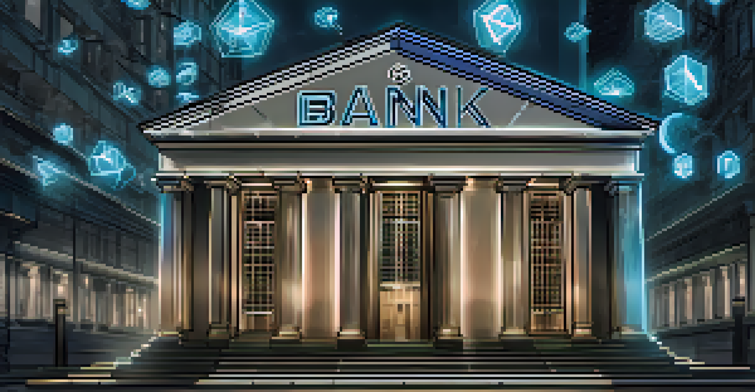 A traditional bank building merging with digital blockchain elements, showcasing the future of finance.