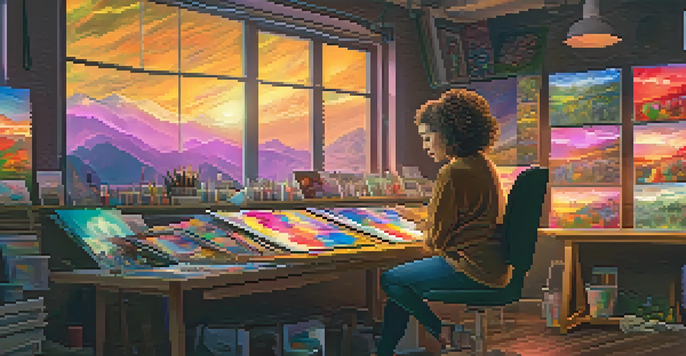 A female artist in a studio surrounded by screens displaying unique digital art NFTs, creating a painting.