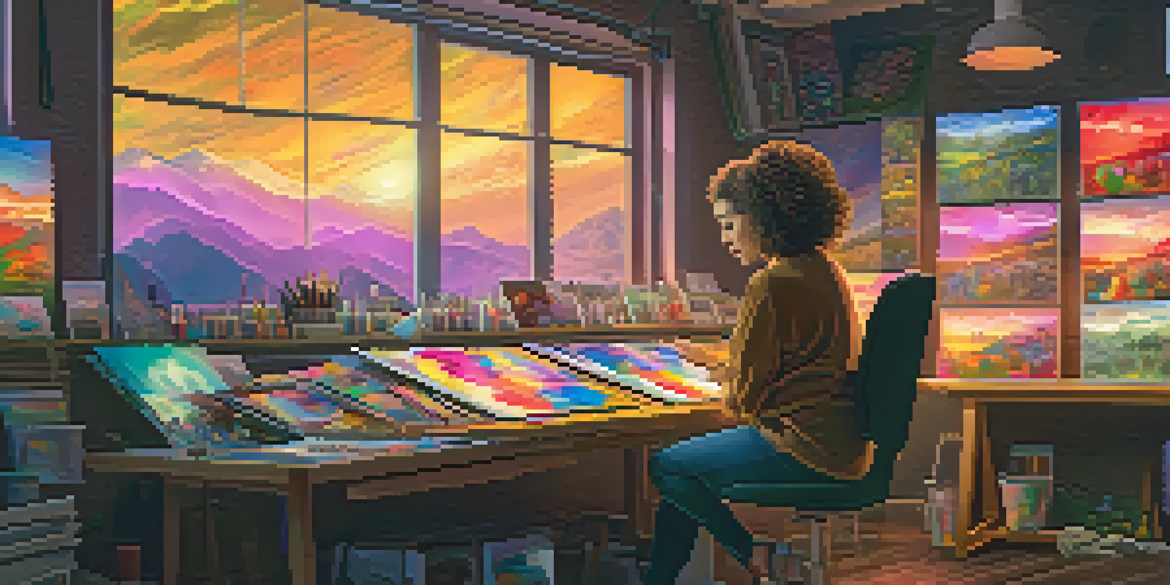 A female artist in a studio surrounded by screens displaying unique digital art NFTs, creating a painting.