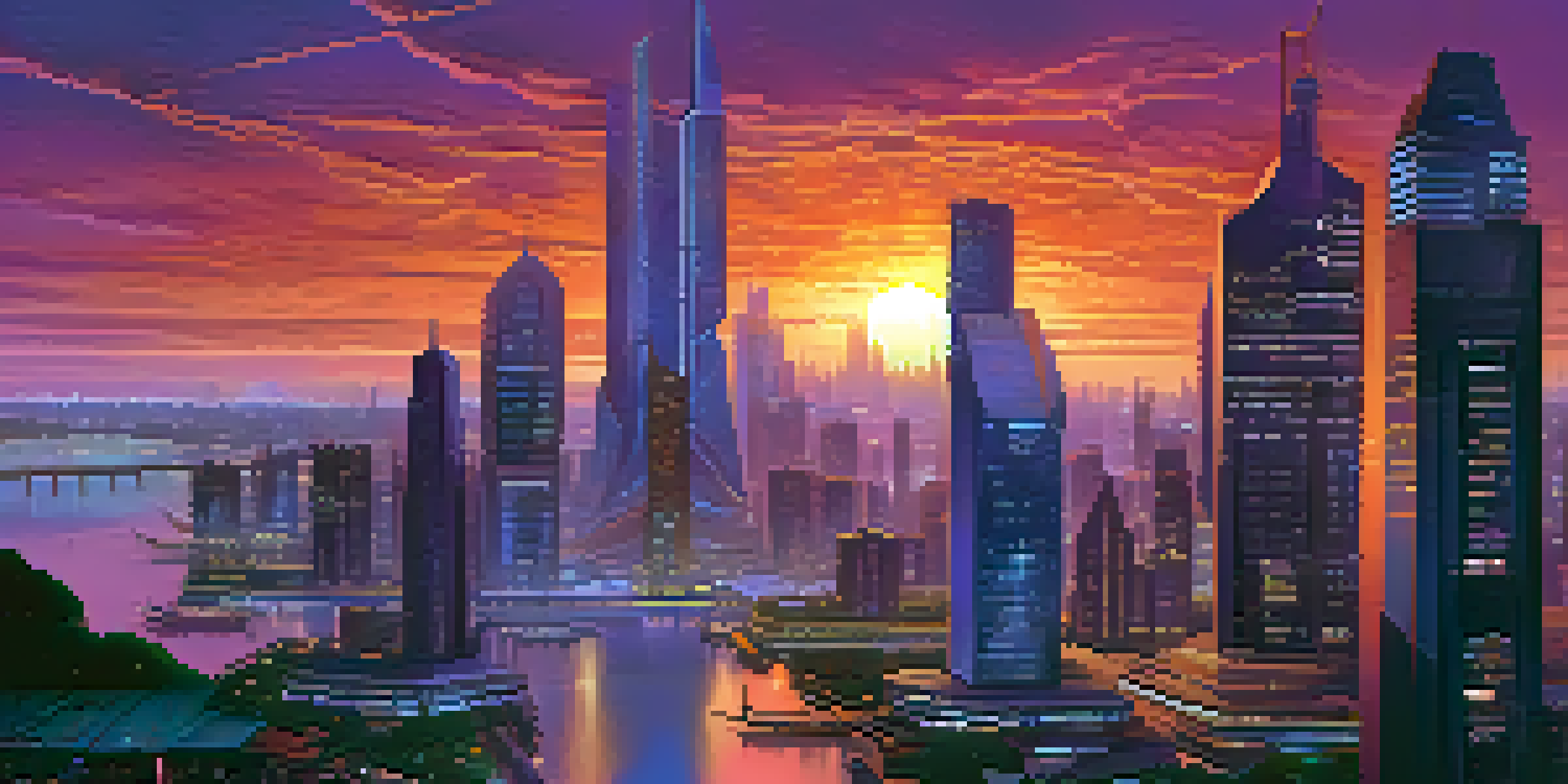 A vibrant futuristic city skyline at dusk with neon-lit buildings and diverse people discussing technology.