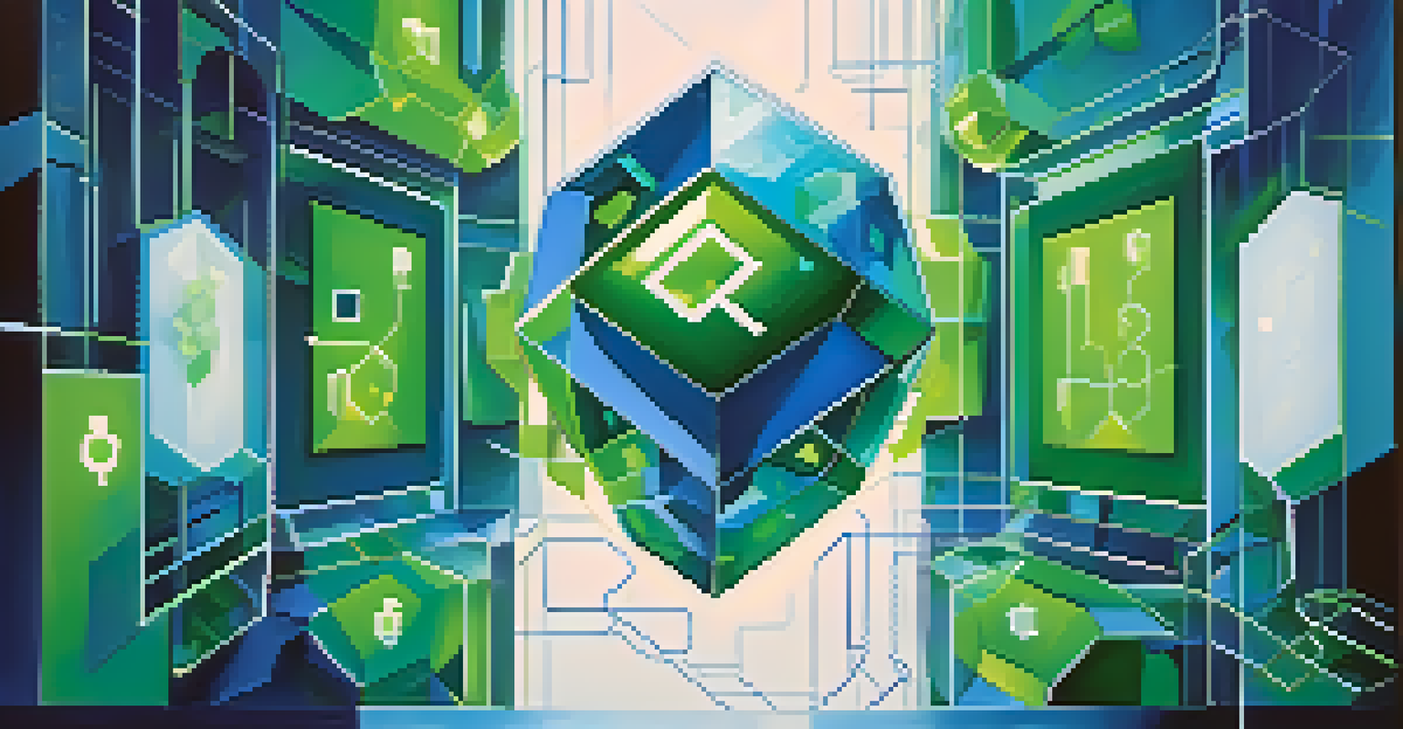 An abstract illustration of blockchain technology with interconnected blocks and security symbols in deep blues and bright greens.