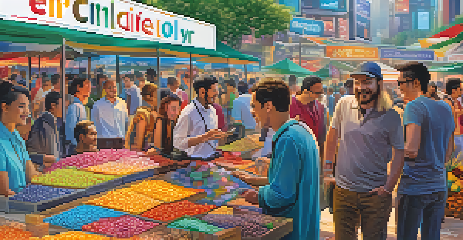 A lively marketplace where diverse individuals are trading ERC-20 tokens with colorful stalls and digital screens in the background.