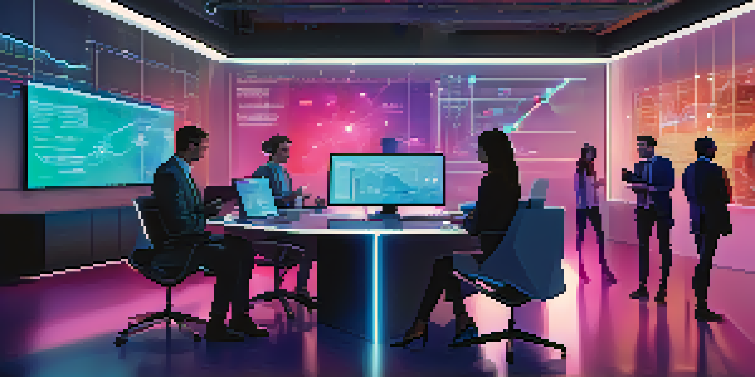 A modern office with professionals discussing smart contracts, featuring digital screens and vibrant colors.