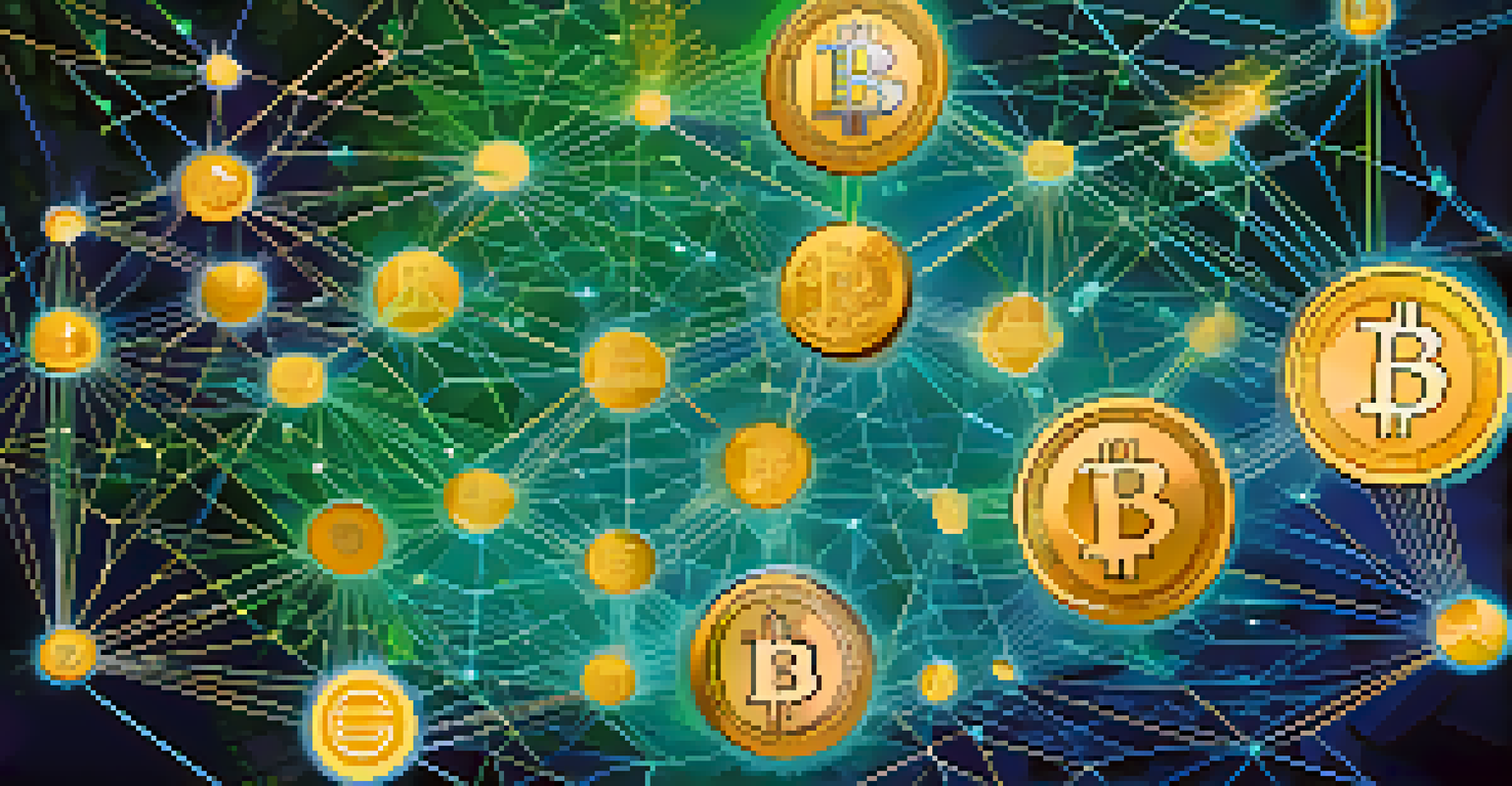 An artistic depiction of a decentralized finance ecosystem with interconnected cryptocurrencies and a gradient background.