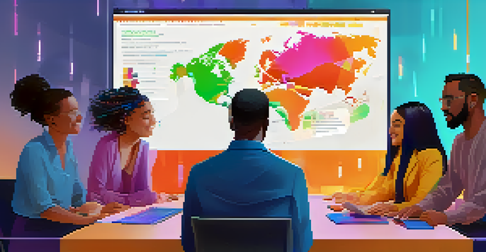 A diverse group of individuals participating in a virtual meeting, discussing DAO governance with colorful digital charts and graphs visible on screen.