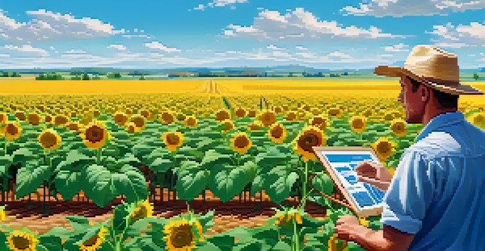 A farmer in a lush green field looking at crops with sunflowers in the background, showcasing technology in agriculture.