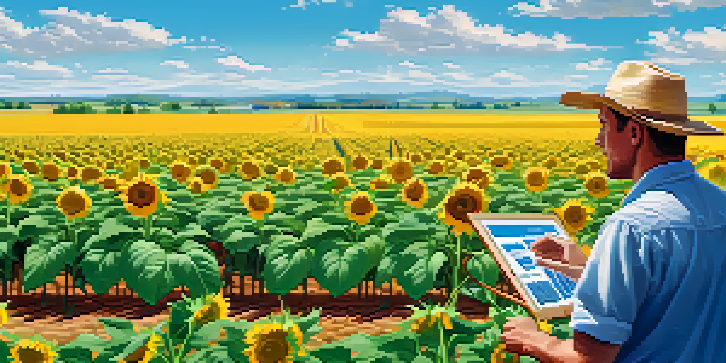 A farmer in a lush green field looking at crops with sunflowers in the background, showcasing technology in agriculture.