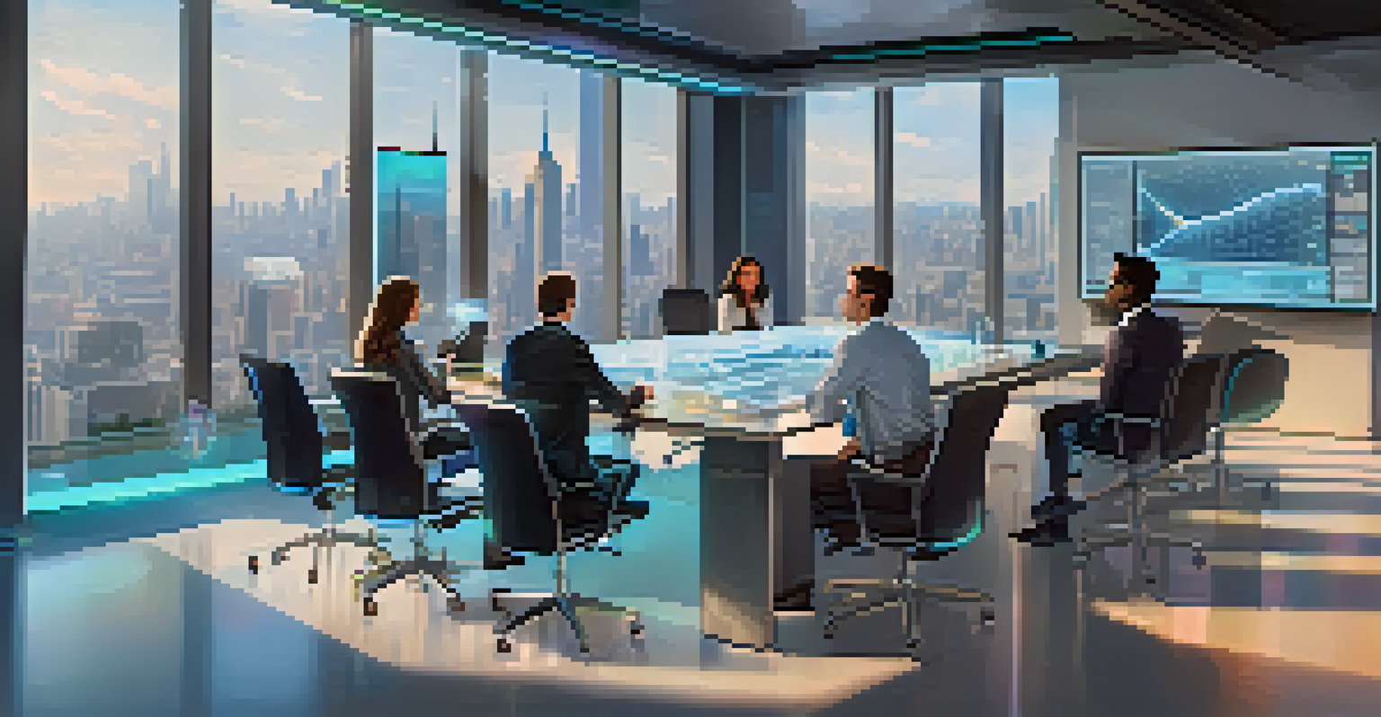 A futuristic office with professionals discussing decentralized finance over a holographic table.