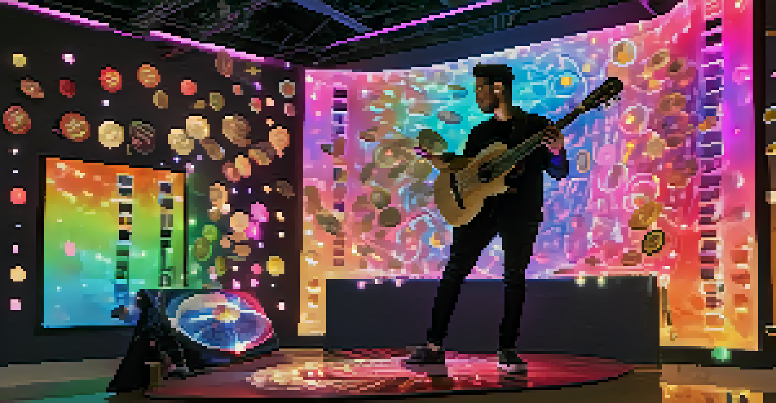 A digital musician in a modern studio with glowing tokens floating around while playing a holographic instrument, blending traditional and digital elements.