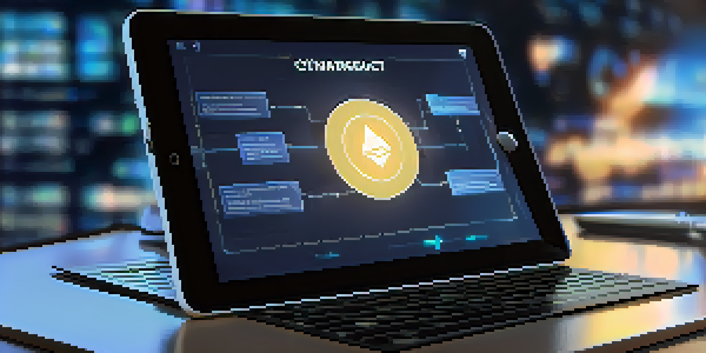 A digital tablet showing smart contract code with Ethereum graphics in a warm office setting.
