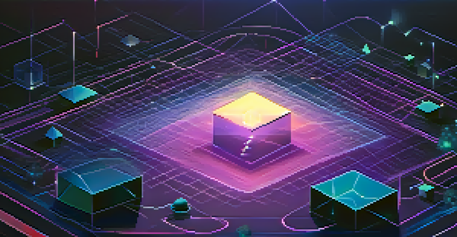 An abstract design representing decentralized finance with geometric shapes in a gradient of blue and purple.