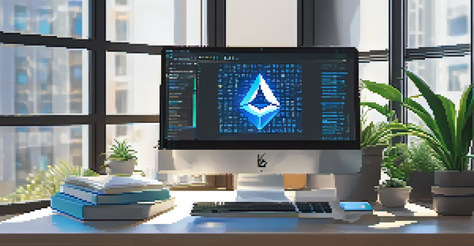 A modern workspace with a computer displaying Ethereum code and books on blockchain technology, illuminated by natural light.