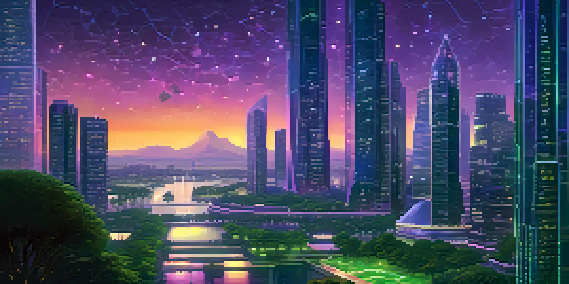 A futuristic city skyline at dusk, with glowing Ethereum symbols on skyscrapers and digital screens showing transaction data, surrounded by illuminated green parks.
